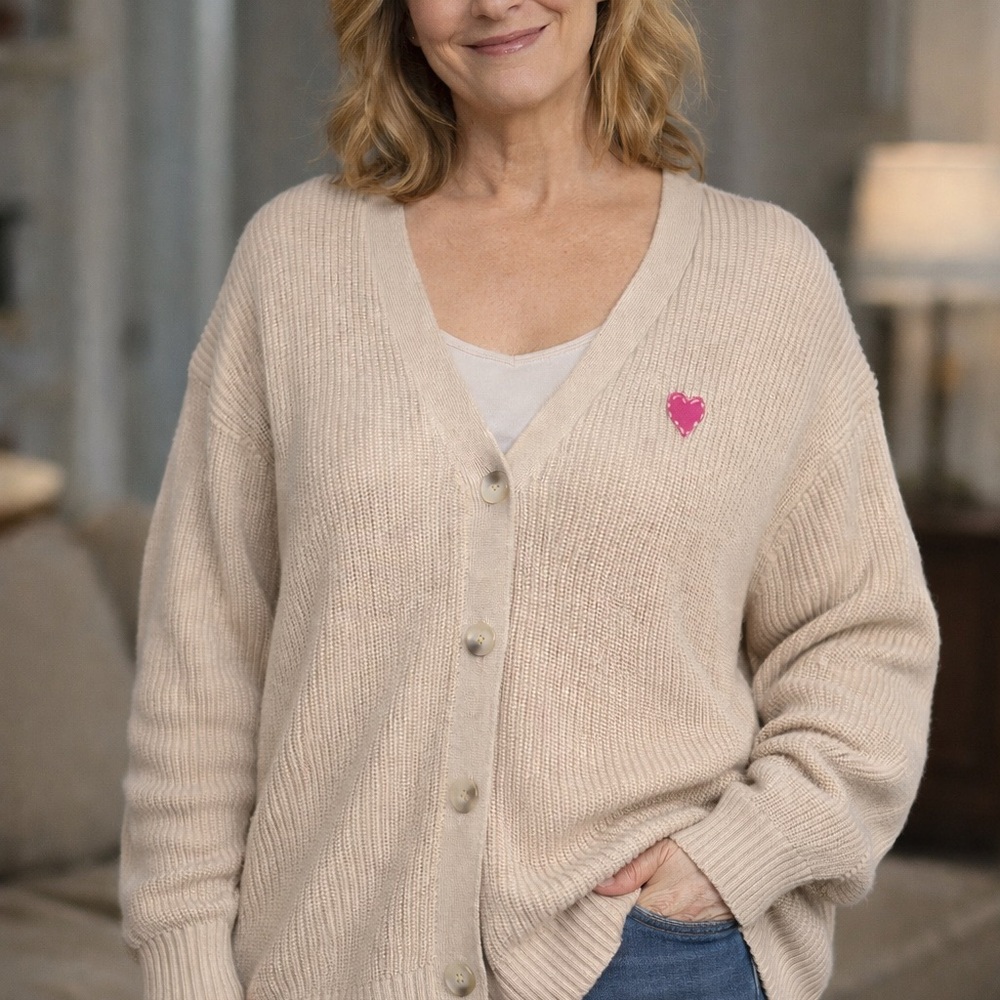 Cozy Beige Cardigan with Heart Accent